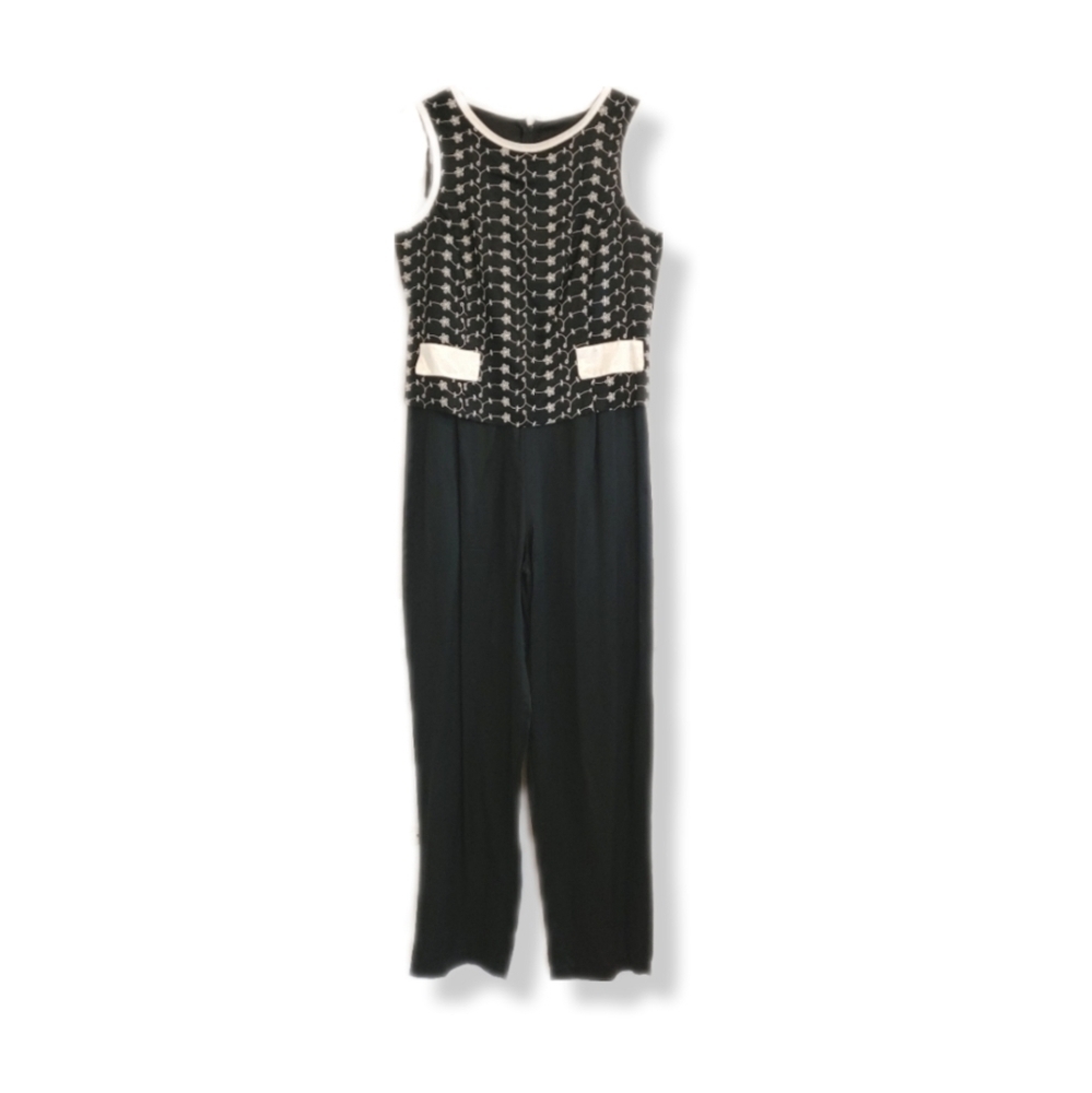 VINTAGE black white daisy print wide leg satin jumpsuit